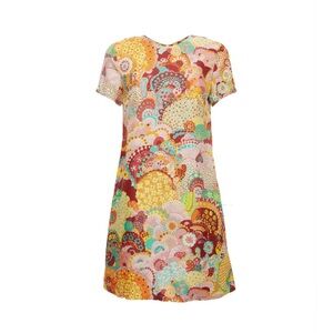 La DoubleJ Mini Swing Silk Dress in Holi Yellow Red Multi Abstract Print Size: S